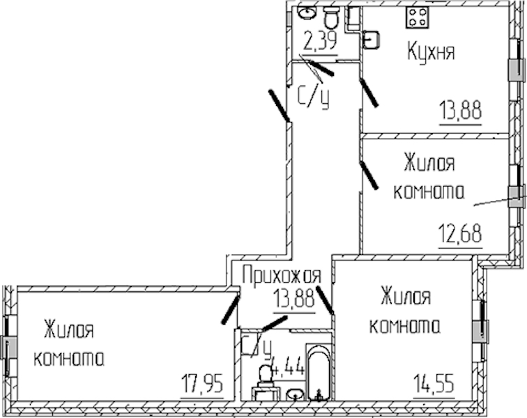3-комнатная квартира 79.77 м², 1/6 эт., ЖК «SERTOLOVO PARK»